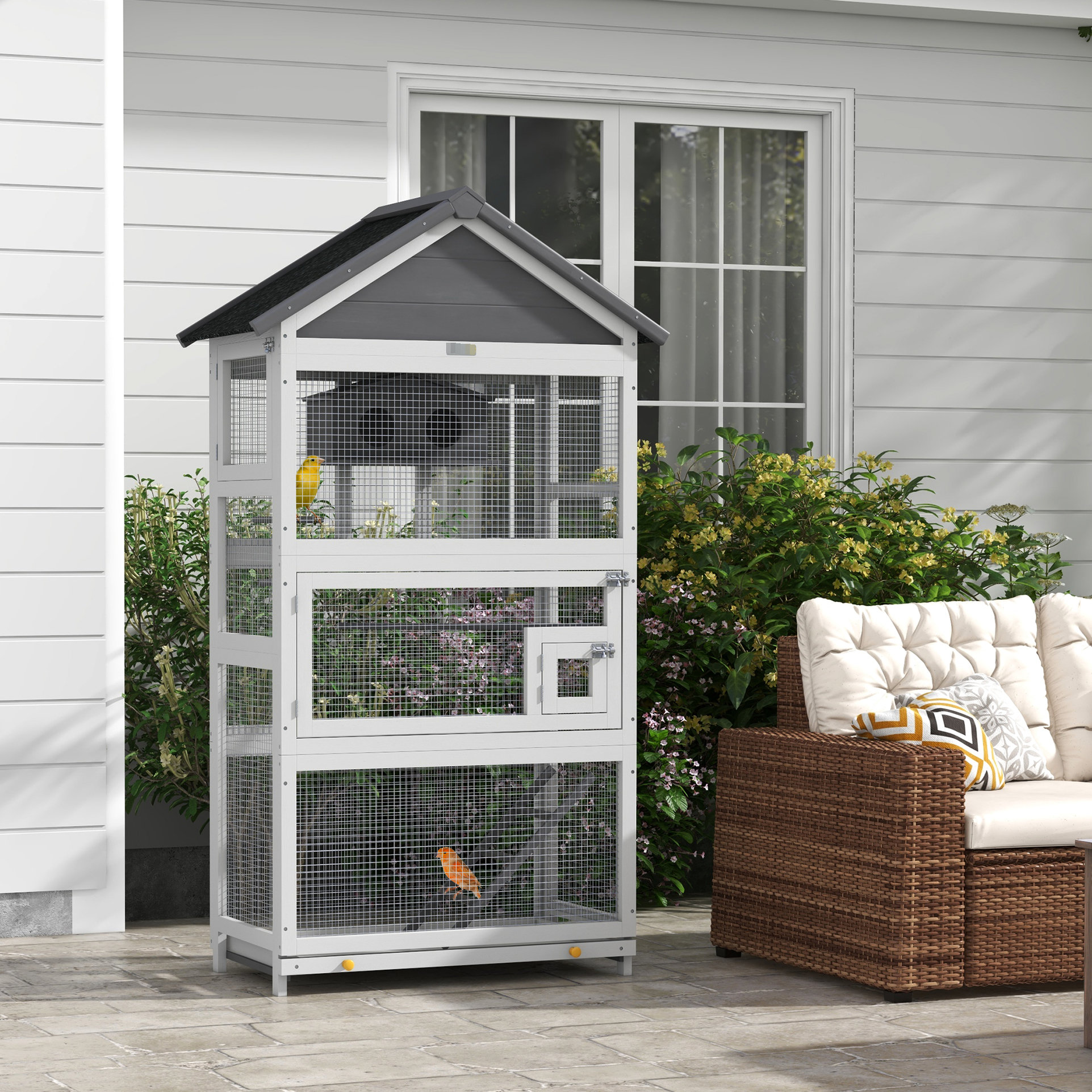 One Allium Way 67" Wooden Bird Aviary With Slide-out Tray, Three Doors ...